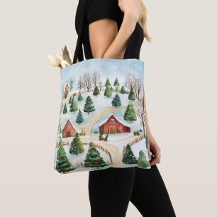 Bolso De Tela Paisaje rústico de invierno acuarela con árboles f