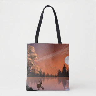 Bolso De Tela Paisaje Sunrise con Lago y Deers-51207