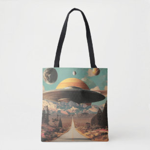 Bolso De Tela Paisaje surrealista con carretera, ovni y Saturno