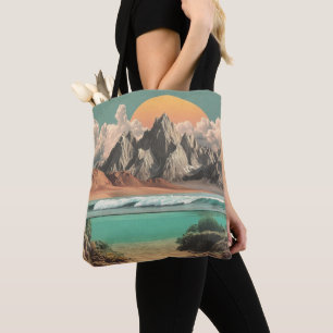 Bolso De Tela Paisaje surrealista de océano y montaña con olas