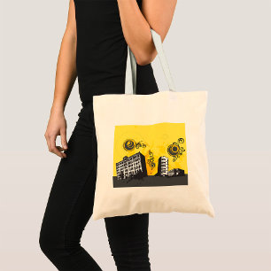 Bolso De Tela Paisaje Urbano Amarillo y Gris Abstracto Retro