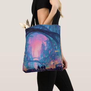 Bolso De Tela Paisaje urbano ciberpunk futurista con arcos brill