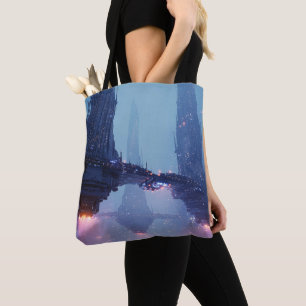 Bolso De Tela Paisaje urbano futurista con estructuras flotantes