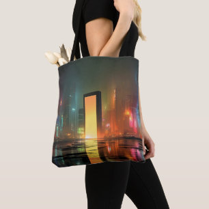 Bolso De Tela Paisaje urbano futurista con reflejos de neón