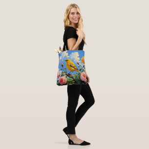 Bolso De Tela Pájaro amarillo colorido y rosas rosadas bonitas