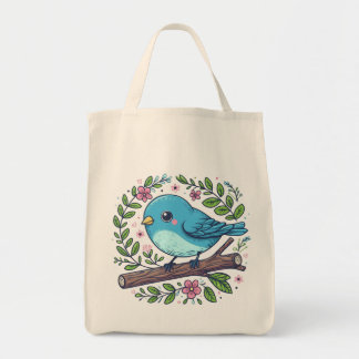 Bolso De Tela Pájaro azul lindo encaramado en una rama en flor