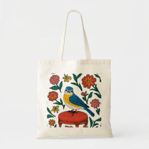 Bolso De Tela Pájaro azul rústico sobre un puf en el arte folcló