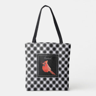 Bolso De Tela Pájaro cardenal sobre patrón de cuadros negros y b