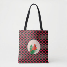 Bolso De Tela Pájaro cardinal sobre cuadros negros y rojos