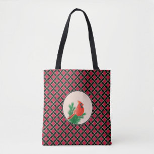 Bolso De Tela Pájaro cardinal sobre cuadros negros y rojos
