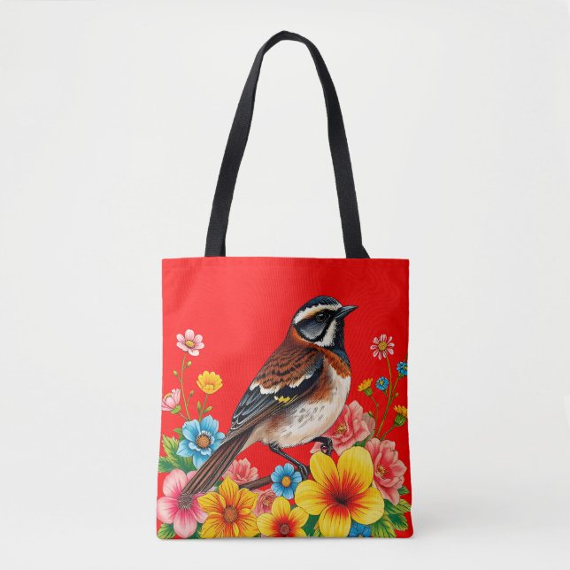 Bolso De Tela Pájaro colorido encaramado entre flores (Anverso)