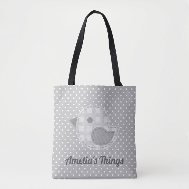 Bolso De Tela Pájaro gris y punto de polka personalizados (Anverso)