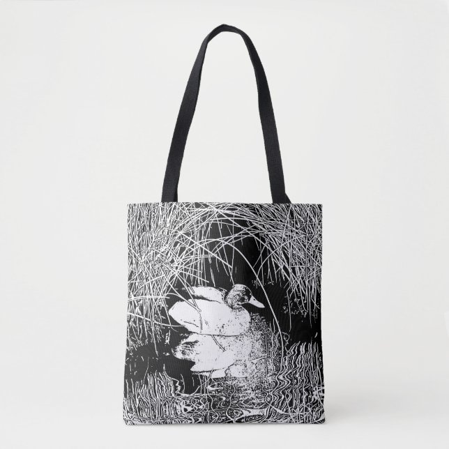 Bolso De Tela Pájaro negro y blanco del pato Mallard (Anverso)