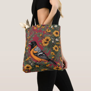Bolso De Tela Pájaro Oriol de Baltimore y Flores de Susana de Oj