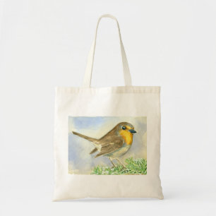 Bolso De Tela Pájaro Robin sobre una rama de enebro helado