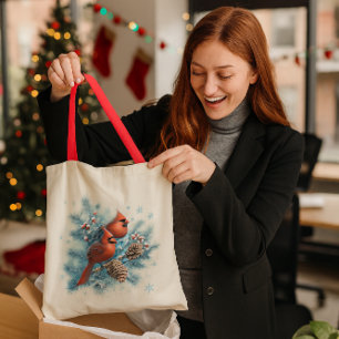 Bolso De Tela Pájaro Rojo y Naturaleza Navideña de Pino
