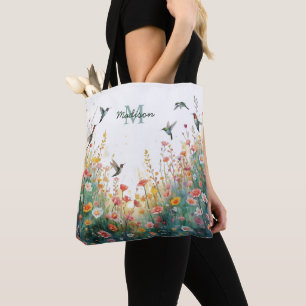 Bolso De Tela Pájaros de acuarela de primavera Monograma floral