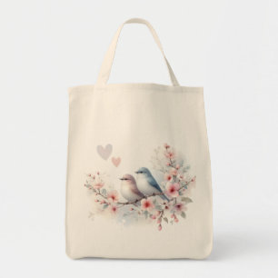 Bolso De Tela Pájaros de amor romántico rama de flor de cerezo