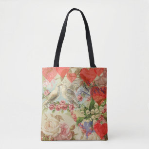 Bolso De Tela Pájaros de Amor Vintage Antiguo Corazón