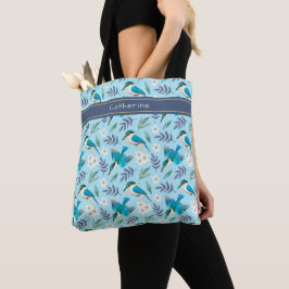 Bolso De Tela Pájaros de Kingfisher Patrón floral Nombre azul To