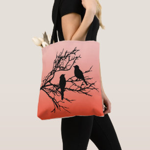 Bolso De Tela Pájaros en una rama, Naranja negro contra puesta d