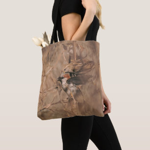 Bolso De Tela Pájaros Gorriones Rústicos Madera Marrón Observado