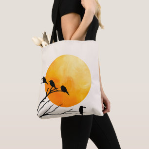 Bolso De Tela Pájaros minimalistas en rama con sol naranja