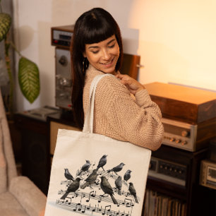 Bolso De Tela pájaros negros sentados en una composición musical