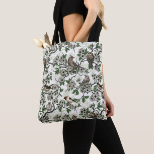 Bolso De Tela Pájaros y flor de cerezo sobre blanco