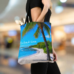 Bolso De Tela Palm De Playa Tropical Hawaii Tipo Playa<br><div class="desc">"A la hora de la playa". Relájese en recuerdos de días de playa perezosos y tropicales cada vez que utilice esta inspiradora bolsa de tetas de vacaciones de Hawái de una solitaria palmera en una playa de arena y media luna, con cielos azul turquesa y agua cristalinos. ¡Hace un gran...</div>