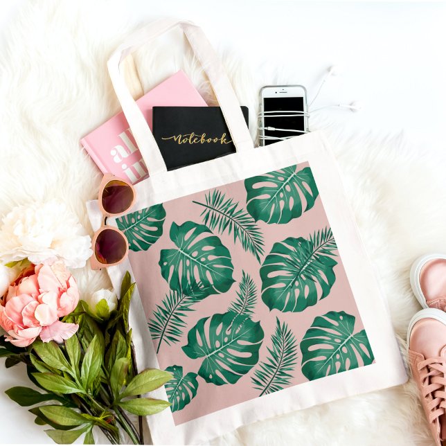 Bolso De Tela Palm rosa y verde tropical deja un patrón sin mar (Subido por el creador)