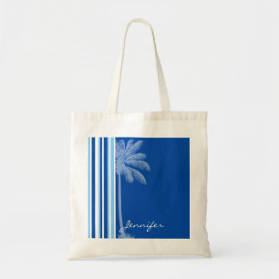 Bolso De Tela Palma tropical; Rayas azules y blancas