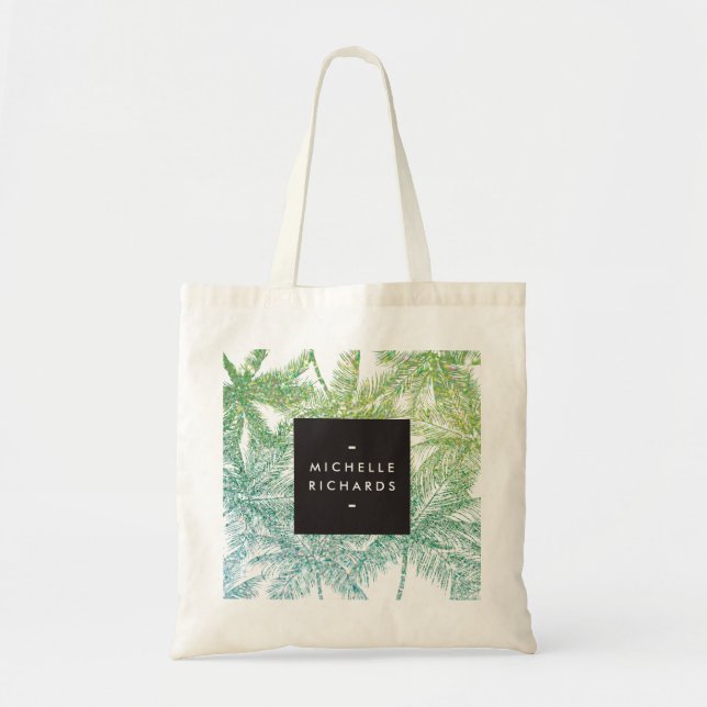 Bolso De Tela Palmas Purpurinas Tropical Green/Aqua (Frente)