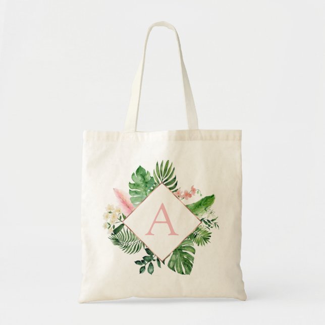 Bolso De Tela Palmas tropicales Monograma Boda rosa Rubor (Frente)