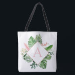 Bolso De Tela Palmas tropicales Monograma Boda rosa Rubor<br><div class="desc">Ubicación de destino - Palms Tropicales Playa Botánica Rubor Pink and Green Watercolor Spring Wedding Monograma Bolsas de Tote sobre el fondo del lienzo - incluye una tipografía de escritura hermosa y elegante con hojas botánicas modernas y vegetación para el regalo especial para un Boda, ducha de novia (novia o...</div>