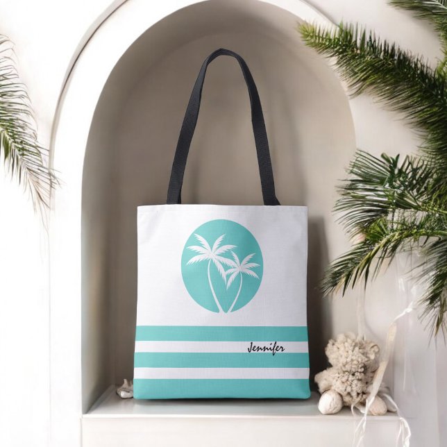 Bolso De Tela Palmas y rayas tropicales con nombre (Personalize with your name or monogram.)