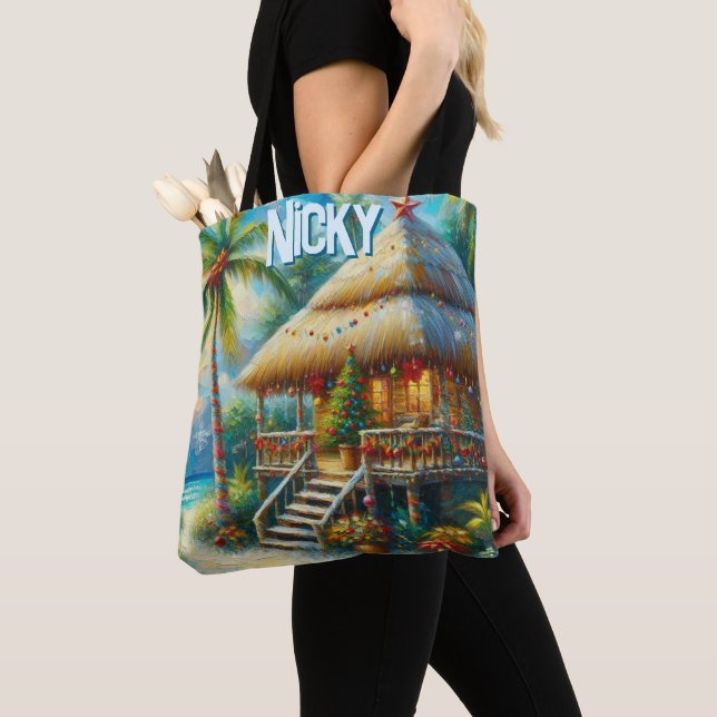 Bolso De Tela Palmera de Navidad Tropical Hut Personalizada (Detalle)