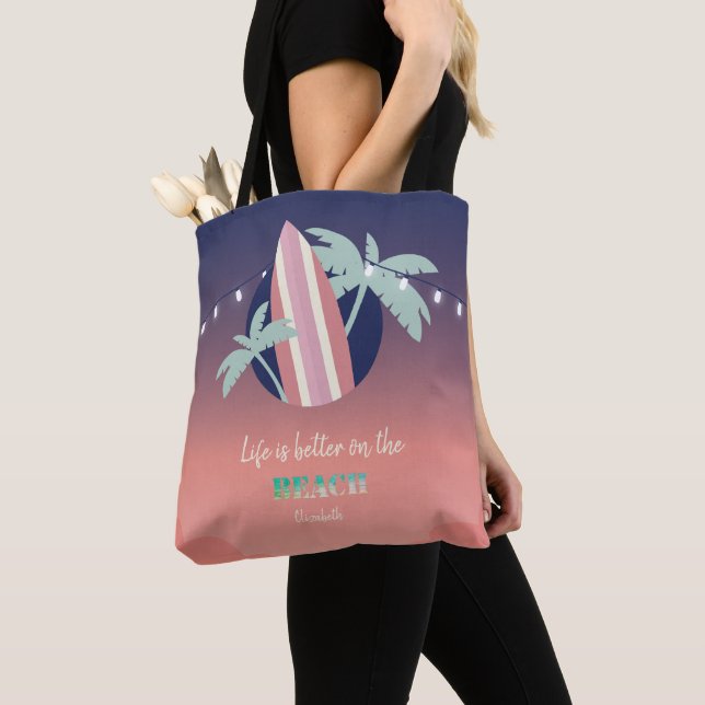 Bolso De Tela Palmeras,tabla de surf,luces de cuerda playa (Detalle)
