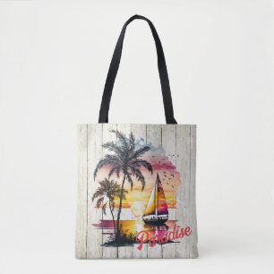 Bolso De Tela Palmeras Tropical Rosa Sunset Sailboat