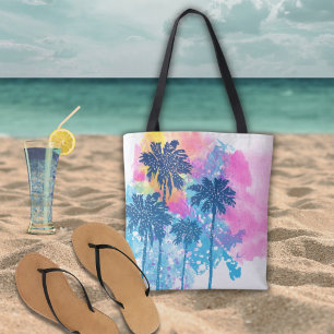 Bolso De Tela Palmeras tropicales de color azul rosa