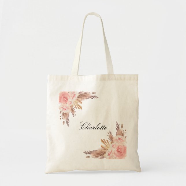 Bolso De Tela Pampas rosa dorado floral nombre blanco (Frente)
