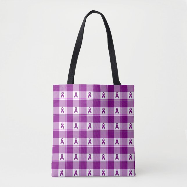 Bolso De Tela Pancreatic Cancer Awareness Plaid Tote, Purple (Anverso)