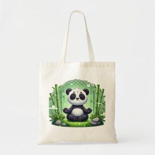 Bolso De Tela Panda blanco y negro alegre comiendo bambú
