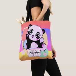 Bolso De Tela Panda con pasteles arcoiris en la pequeña nube
