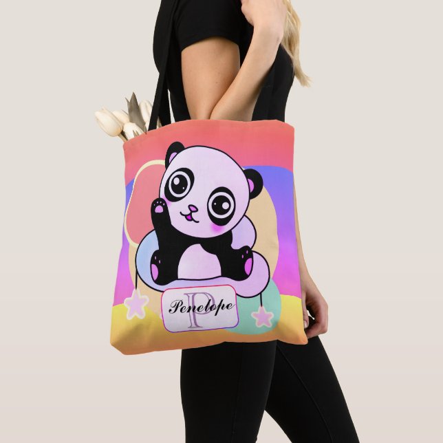 Bolso De Tela Panda con pasteles arcoiris en la pequeña nube (Detalle)