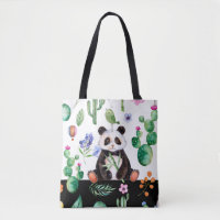 Panda Cuta Con Patrón De Pájaro Verde Y Cactus