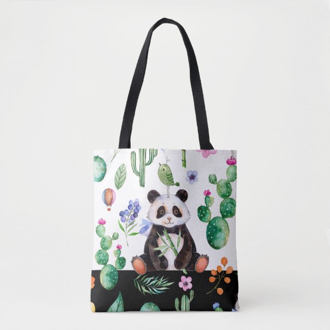 Bolso De Tela Panda Cuta Con Patrón De Pájaro Verde Y Cactus (Anverso)