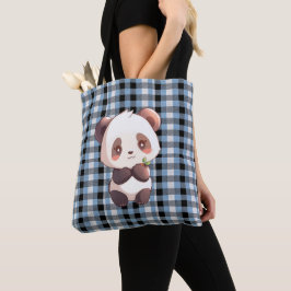 Bolso De Tela Panda de Cuadro Azul