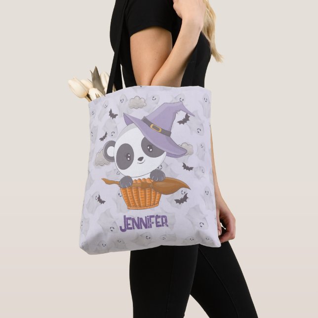 Bolso De Tela Panda Witch Purple Wites Gorra Ghosts Halloween (Detalle)