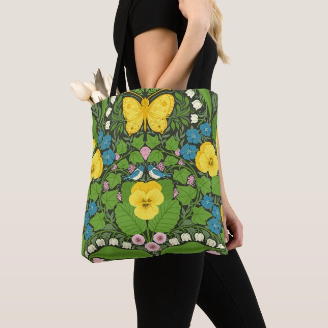 Bolso De Tela Pansias amarillas, pájaros y mariposas (Detalle)